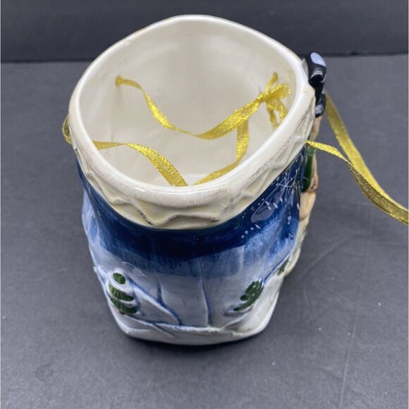 VTG Christmas Snowman Basket Planter Candy Bowl Ceramic Jay Import Ribbon Handle - Picture 6 of 11